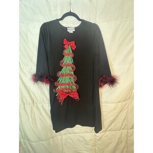 Shane Lee Inc Kids Large Black Christmas Tree Fur Trim Long Sleeve Dress Made US